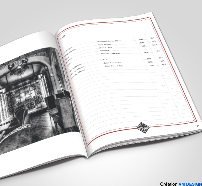 Mise au point de la création de Carret Basset sur la Carte des Vins et Exécution de celle-ci 152 pages pour le Restaurant Les Climats de M. Denis Jamet