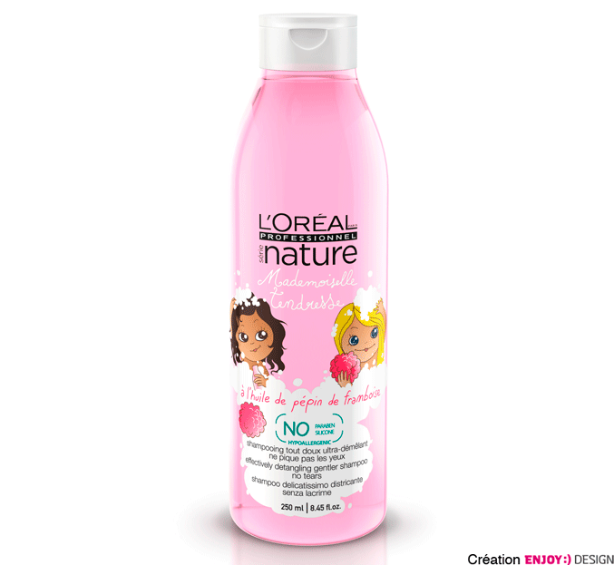Exécution et implémentation de la nouvelle identité sur la gamme packagings des produits Série Nature Enfant L’Oréal.