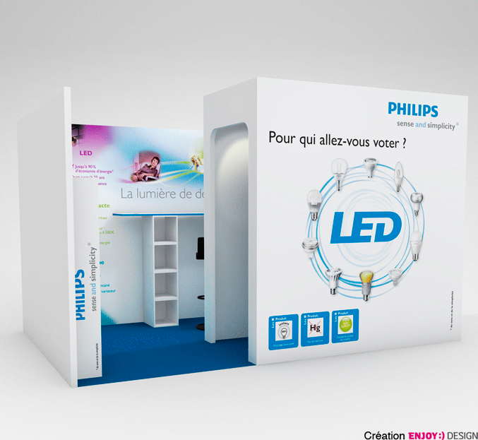 Réalisation d‘un stand pour PHILIPS. Conception du stand PHILIPS pour la porte de Versailles. Exécution des adhésifs et des PLV pour le Stand PHILIPS LED.