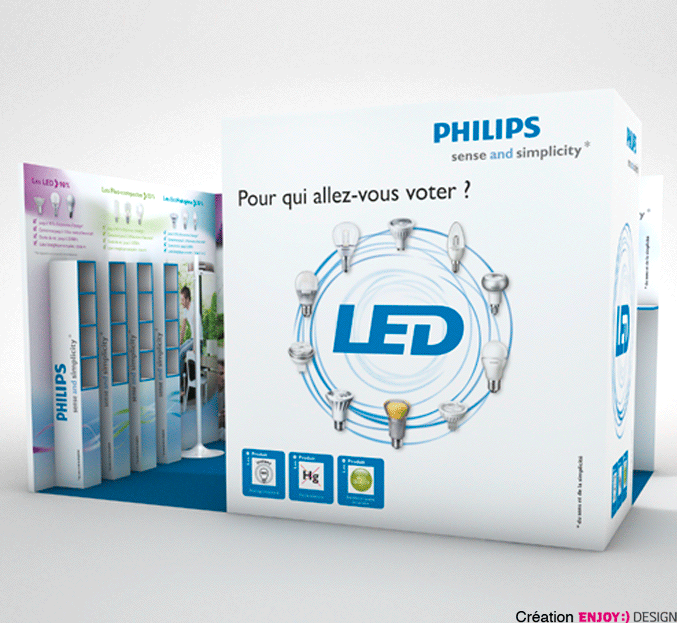 Participation à la réalisation d‘un stand pour PHILIPS. Exécution des adhésifs et des PLV pour le Stand PHILIPS LED.