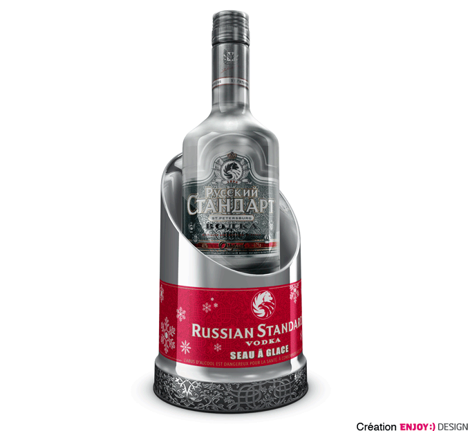 Exécution du bandeau 3 couleurs ton direct sur support métal pour le seau d‘une nouvelle marque de Vodka.