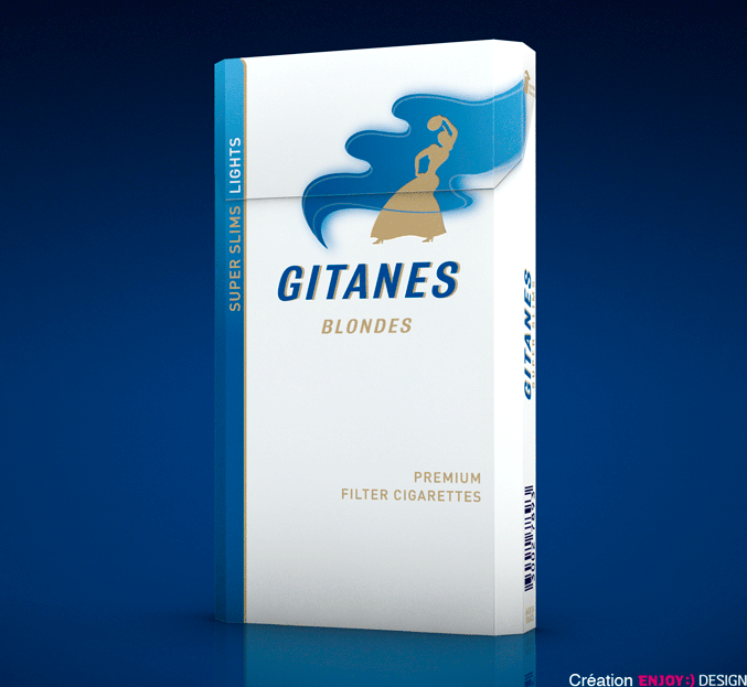 Exécution et implémentation de la nouvelle identité sur la gamme packagings des produits GITANES BLONDE pour 24 pays (Liban, Allemagne, Syrie, Jordanie, Turquie, …). Paquet en 4 ton direct, 1 vernis UV global, 1 or à chaud, 1 Embosse (La gitanes et le logo Gitanes).