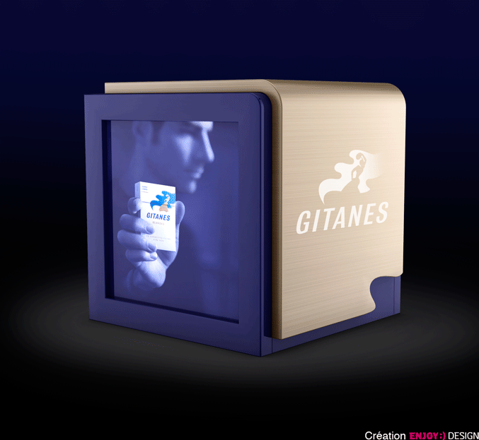 Exécution d‘objet de la marque GITANES BLONDES. Logotype en défonce sur matière acier pour un briquer.