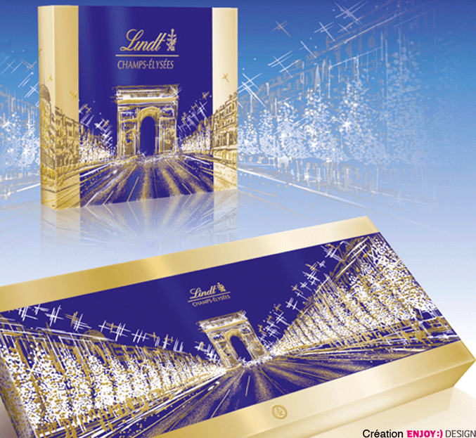 Exécution et implémentation de la nouvelle identité sur la gamme packagings des produits Champs Élysées Lindt 2012. 6 formats différents (Adaptation de la création sur ces 6 formats avec les contraintes technique sur différents vernis et Or).