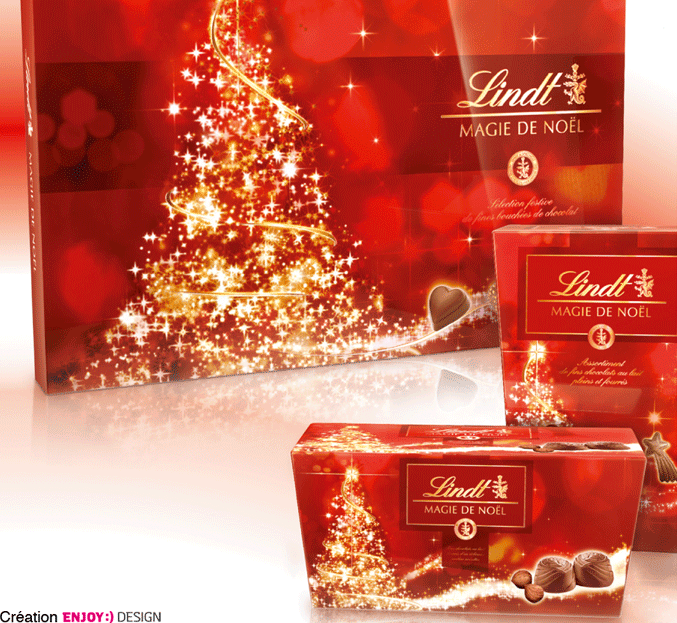 Exécution et implémentation de la nouvelle identité sur la gamme packagings des produits Magie de Noël Lindt 2011. 6 formats différents (Adaptation de la création sur ces 6 formats). Etuis 6 couleurs (Quadri + 2 Ton direct) Or à chaud et Vernis brillant.