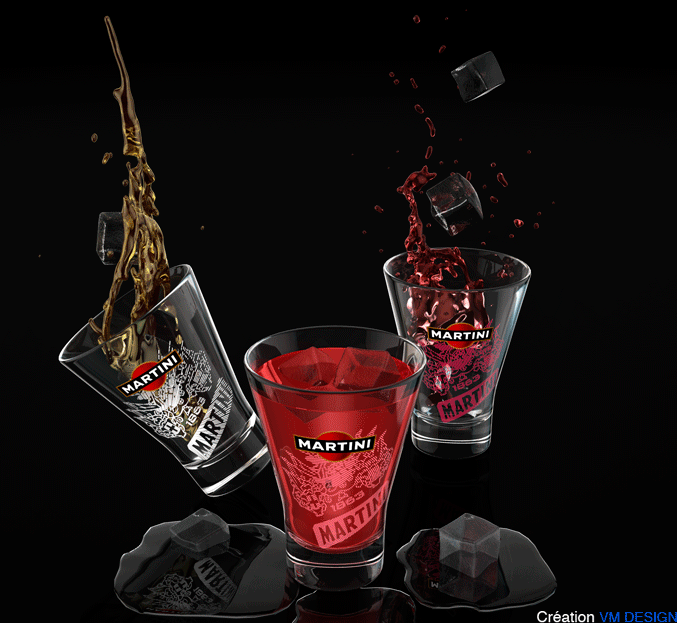 Recherche créative 3D avec placage des marquages Martini Rosso, Bianco et Rosato réaliser par wilssal Alrifai de chez Enjoy Design (Image réaliser sous Cinéma 4D avec réalisation des liquides et glaçons sous RealFlow 2012).