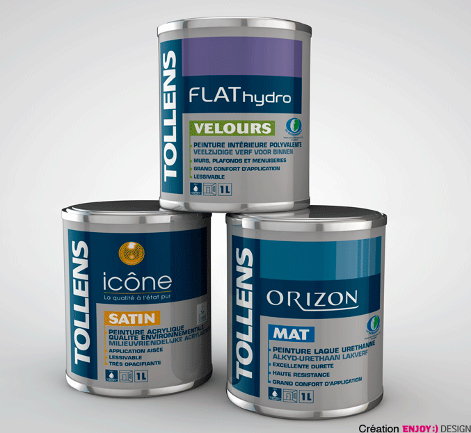 Exécution et implémentation de la nouvelle identité sur la gamme packagings des produits TOLLENS (Icône, Orizon, Flat Hyro, Normae, Elastosol…). Exécution de différentes contenance et support pour les Professionnels.